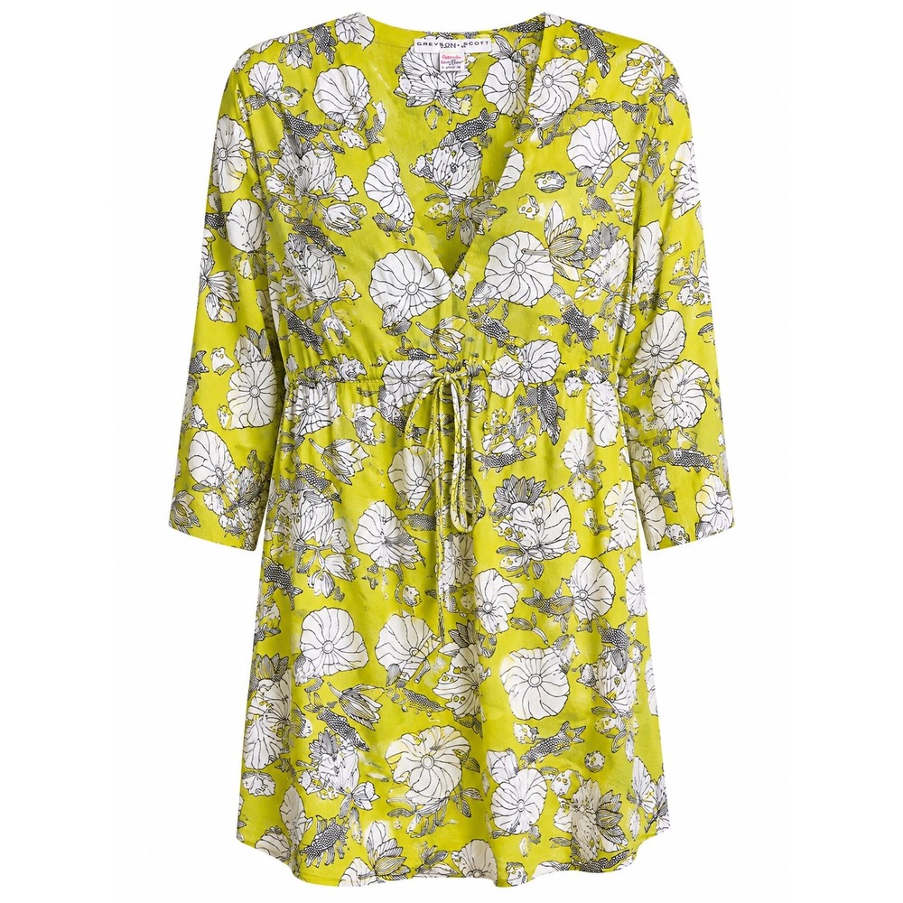 Gretchen Scott Beach Cover Up Large Chartreuse Fish Floral Cotton Tunic Dress